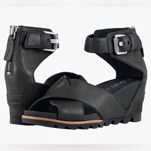 Sorel Women's Joanie‎ II Ankle Strap Sandals in Black Leather- 8.5